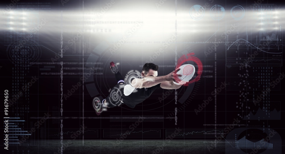 Poster composite image of rugby player scoring a try