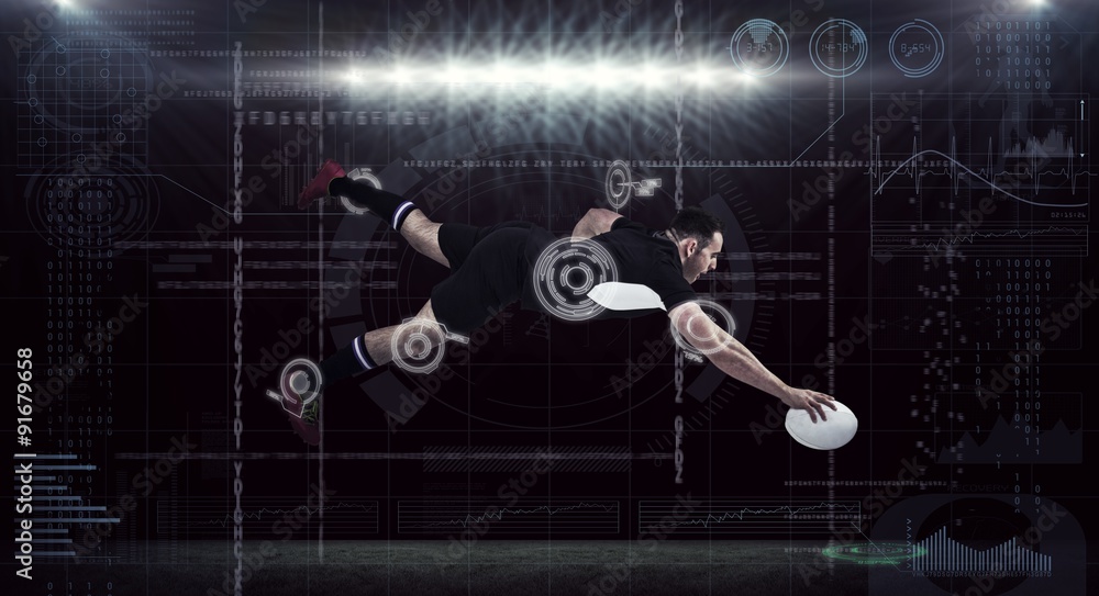 Poster composite image of rugby player scoring a try