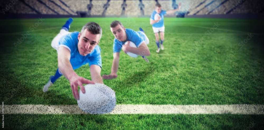 Poster composite image of a rugby player scoring a try