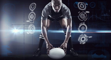 Composite image of sportsman holding ball while playing rugby