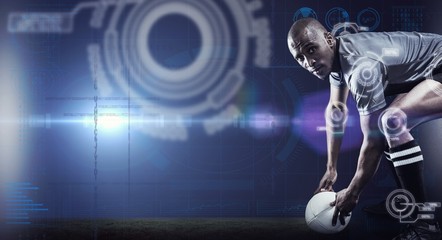 Composite image of portrait of rugby player holding ball