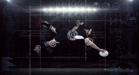 Composite image of rugby player scoring a try