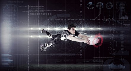 Composite image of a rugby player scoring a try