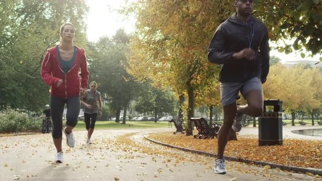 Group of runners running in park wearing wearable technology connected devices