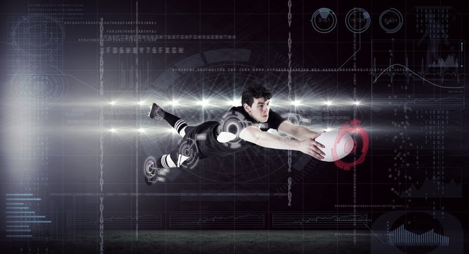 Composite image of a rugby player scoring a try