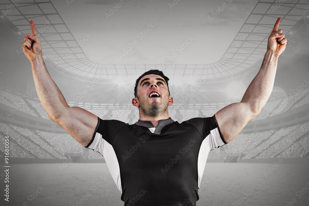 Poster composite image of rugby player cheering and pointing