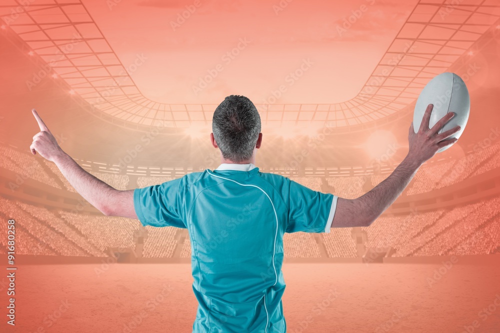 Poster composite image of rugby player gesturing with hands