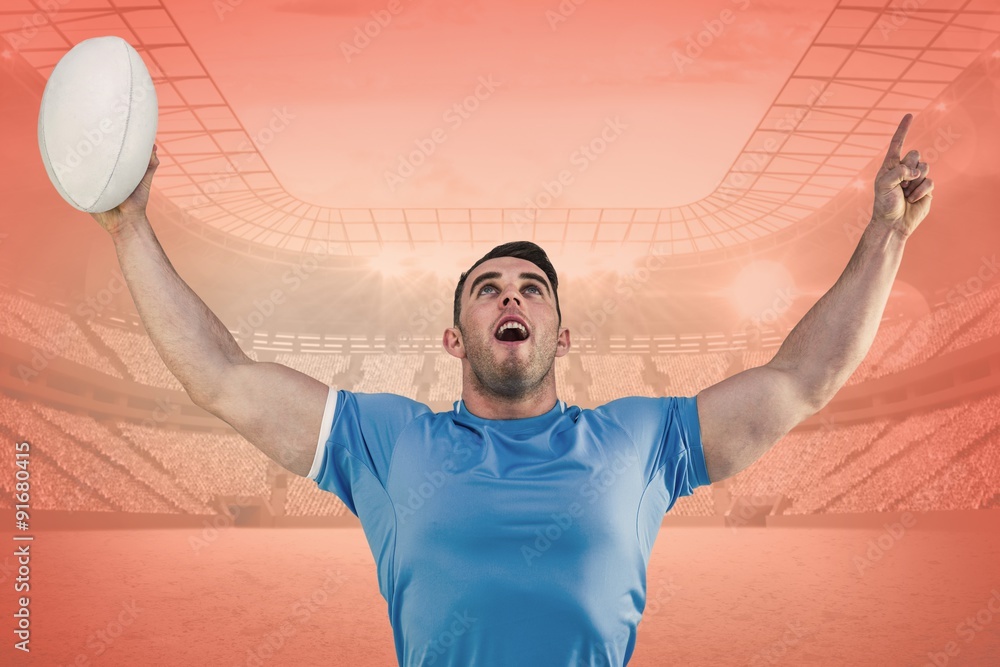 Poster composite image of rugby player cheering and pointing