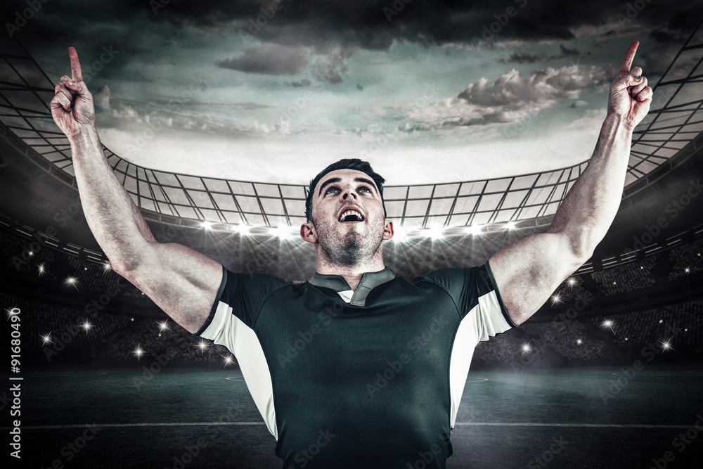 Poster composite image of rugby player cheering and pointing