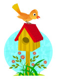 Birdhouse and Bird - Cute clip-art of a bird standing on a birdhouse roof. Eps10
