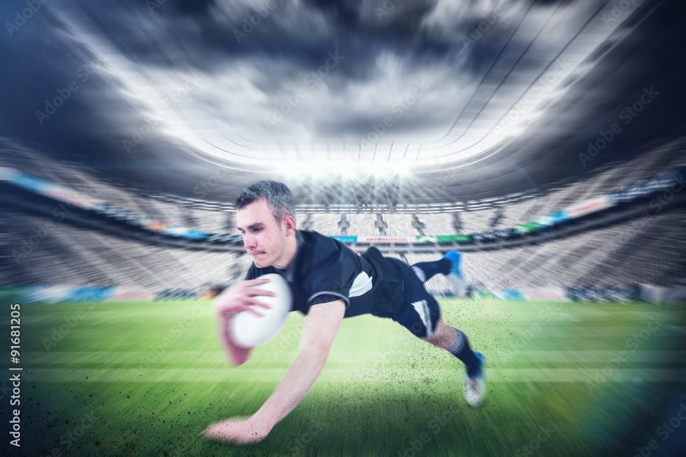 Poster composite image of a rugby player scoring a try