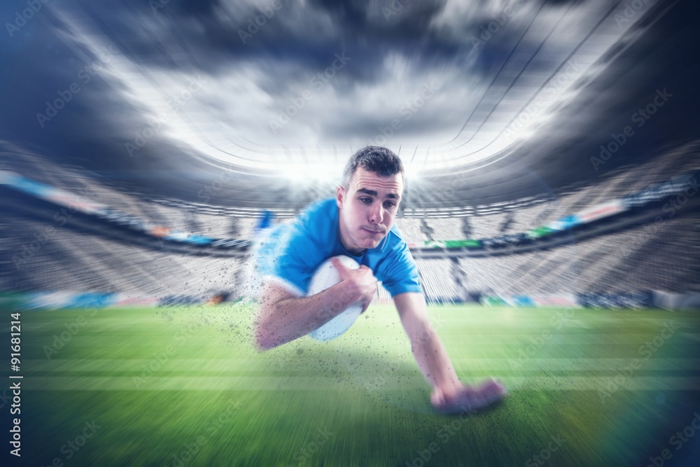 Poster composite image of a rugby player scoring a try