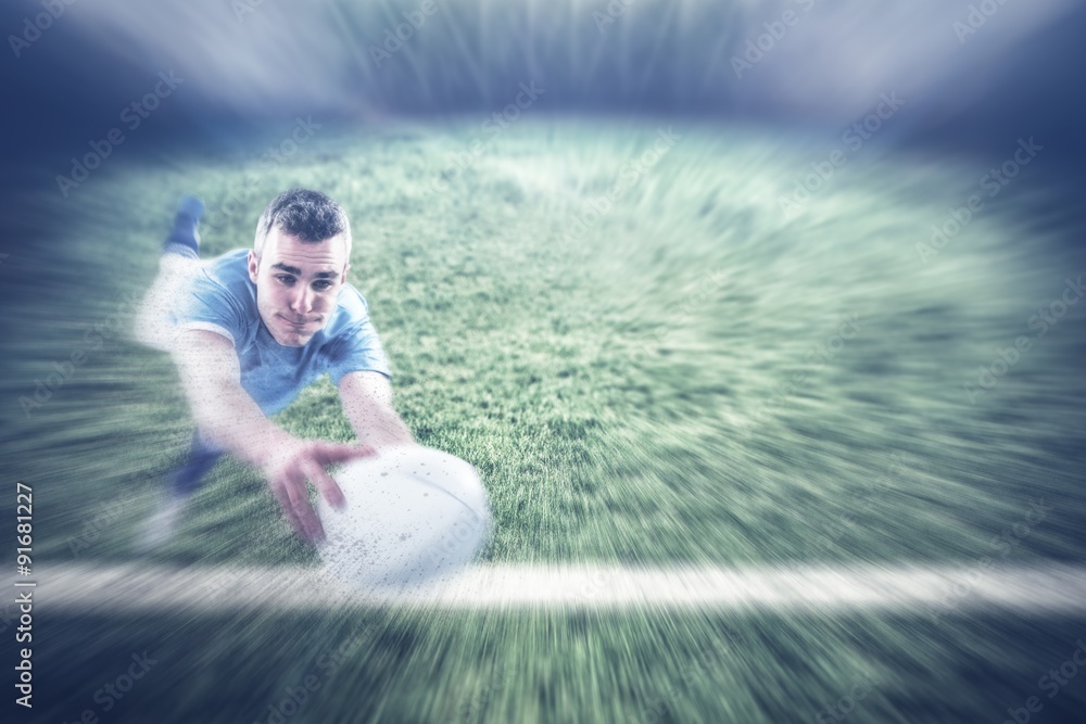 Poster composite image of a rugby player scoring a try