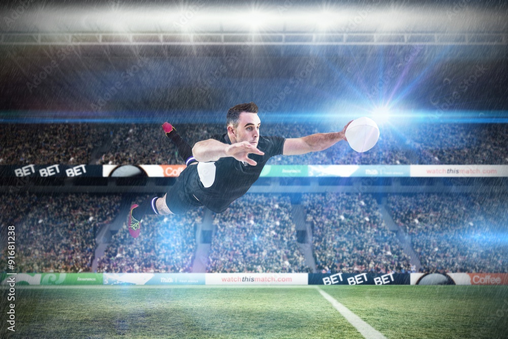 Poster composite image of rugby player scoring a try