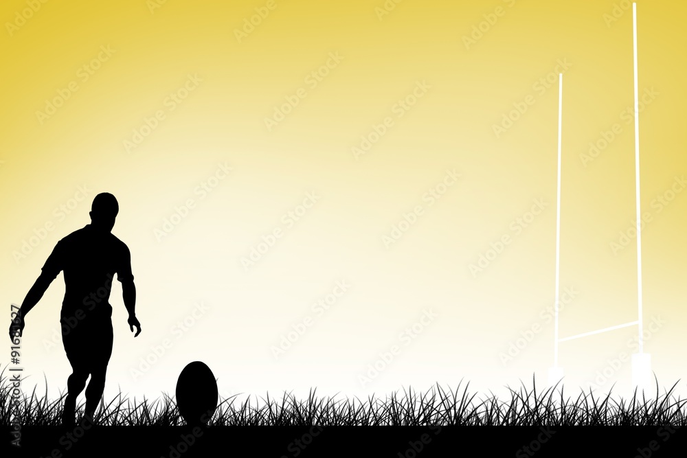Poster composite image of rugby player doing a drop kick