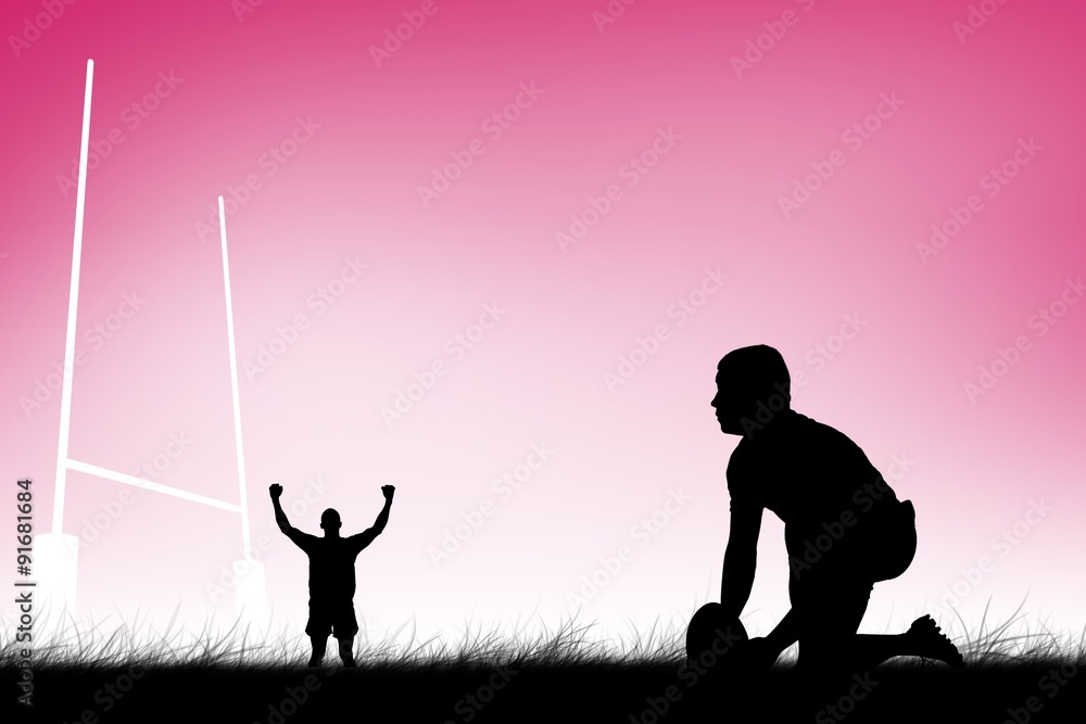 Poster composite image of rugby player ready to make a drop kick