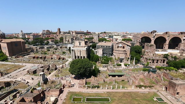 Aerial Pan Shot Tourist Visiting Roman Forum at Rome Lazio Italy