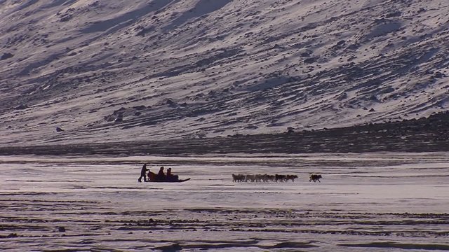 A distant dogsled moves across the Arctic tundra.