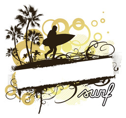 summer banner with waves palms and surfer running