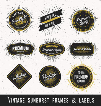 Set of frame and label with vintage sunburst design. Vintage light ray sticker and banner collection for premium quality product. Vector illustration