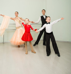 Ballroom dancing, group, man, woman, children, dance studio
