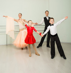 Ballroom dancing, group, man, woman, children, dance studio