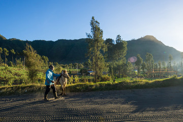 Fototapeta premium Cemoro Lawang during Sunrise, blue sky with orange and yellow colour