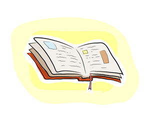 Book, a hand drawn vector illustration of a book spread wide open, isolated on a simple yet charming background (editable, of course).