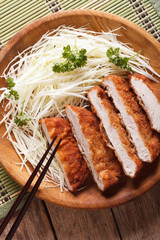 Tonkatsu serve with slice cabbage closeup. Vertical top view
