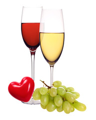 Wineglasses with white and red wine, heart and grape isolated on