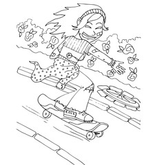 the girl coming down from the mountain on skis hand drawing  outline for coloring isolated on the white background 