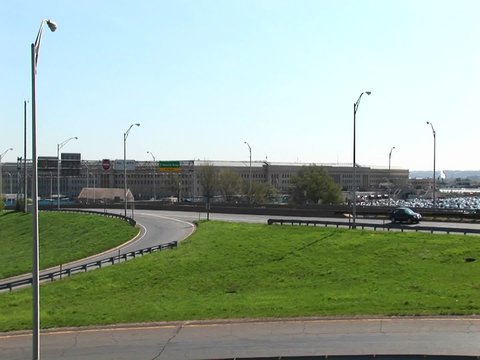 A view of the freeway near the Pentagon zooms-in to the Pentagon building.
