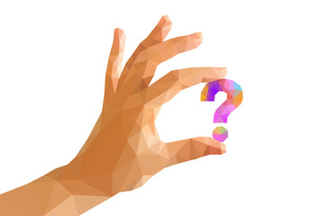 polygonal hand holds a question mark multicolored