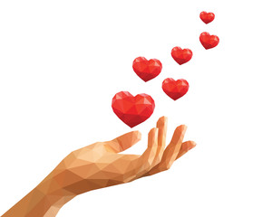 polygonal hand keeps six red floating hearts like love confessio - 91693692