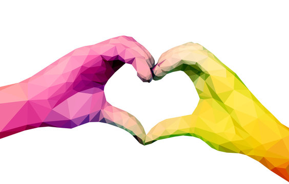 Two full-color polygonal hands folded in the form of a heart on