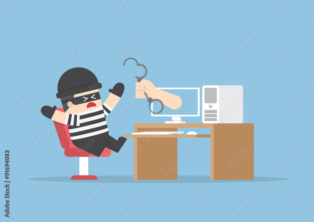 Aufkleber hand out from monitor to catch hacker