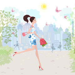 Fashion lady walking on street with shopping