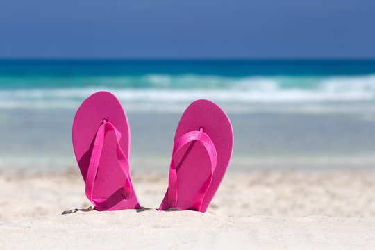 Pink flip flops on sandy beach near sea. Summer vacation concept