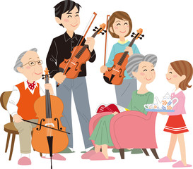Fototapeta premium 二世帯家族 楽器演奏 団らん 休憩 