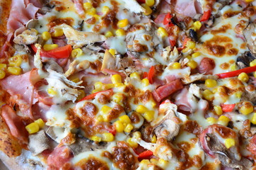 Pizza with ham, chicken meat, bacon, mushroom, mozzarella, red pepper and maize