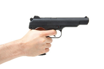 Man's hand holding gun, isolated on white.