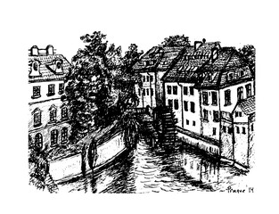 view of the houses on the banks of the Vltava, the river Devil  in the old town in Prague Vector Graphics Ink