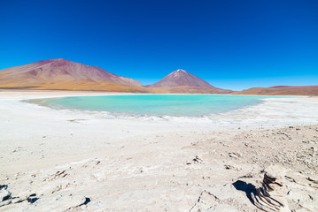 Green Lagoon and Licancabur Volcano on the Bolivian Andes