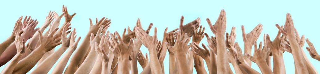 isolated lot of men's and women's hands raised up - obrazy, fototapety, plakaty
