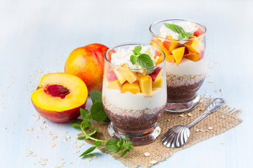 Chia seeds with oat flakes and peaches. Horizontal image.