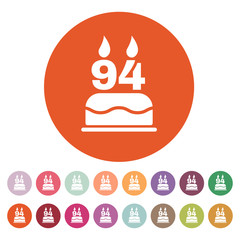 The birthday cake with candles in the form of number 94 icon. Birthday symbol. Flat