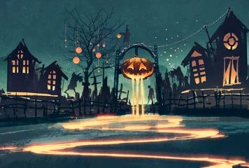 Tuinposter Halloween night with pumpkin and haunted houses,illustration painting © grandfailure