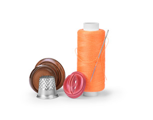 thread, needle and thimble isolated on white