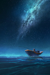 Plakaty  rybak w łodzi nocą pod Drogą Mleczną, obraz ilustracyjny