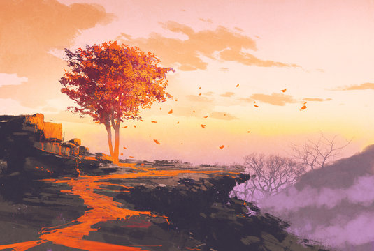 landscape painting of melting autumn tree on top of the mountain
